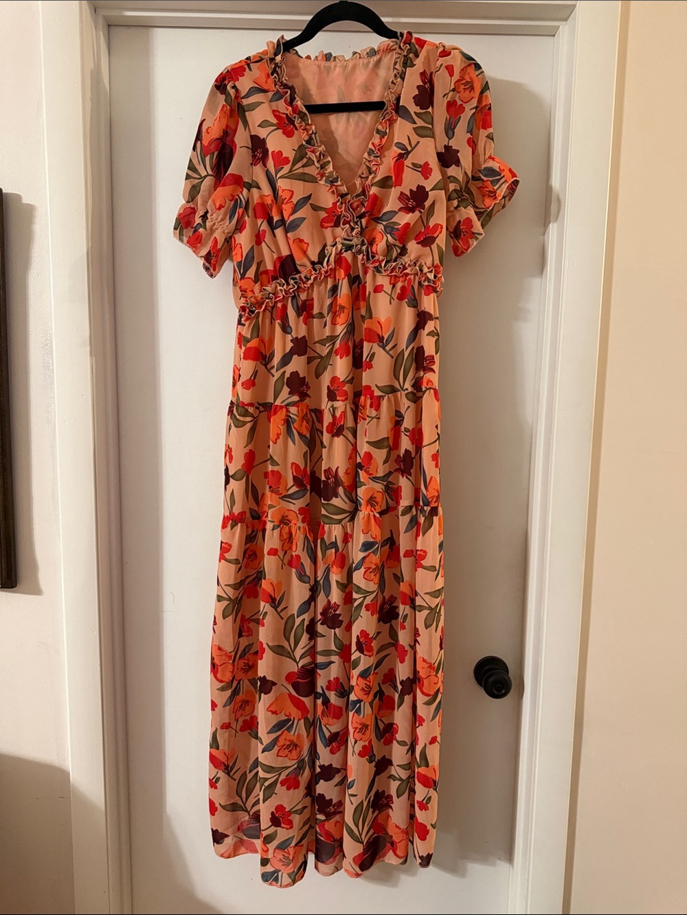 Floral V-Neck Tiered Maxi Dress in Peach